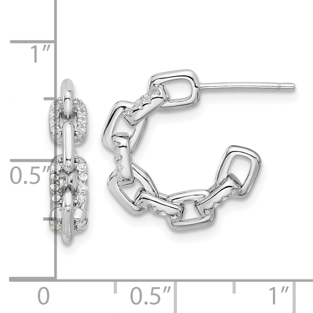 Sterling Silver Rhodium-plated with CZ Link Design Post Hoop Earrings