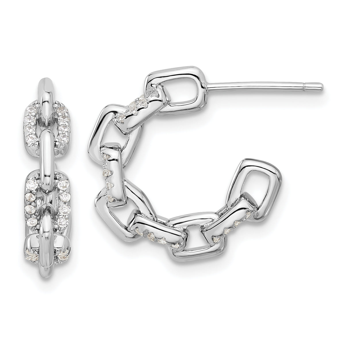 Sterling Silver Rhodium-plated with CZ Link Design Post Hoop Earrings