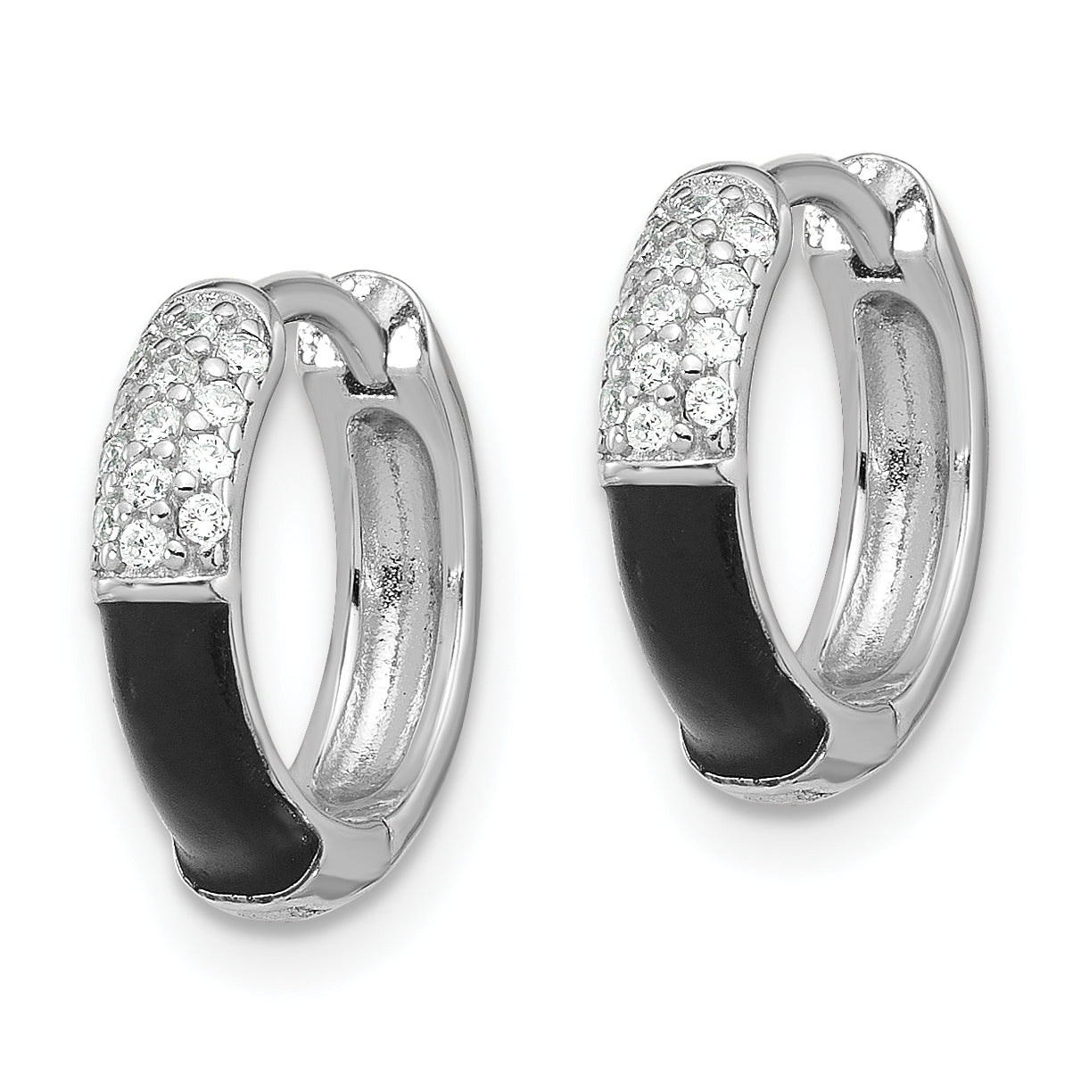 Sterling Silver Flash Platinum-plated CZ Black Enamel Hoop Earrings