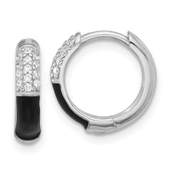 Sterling Silver Flash Platinum-plated CZ Black Enamel Hoop Earrings