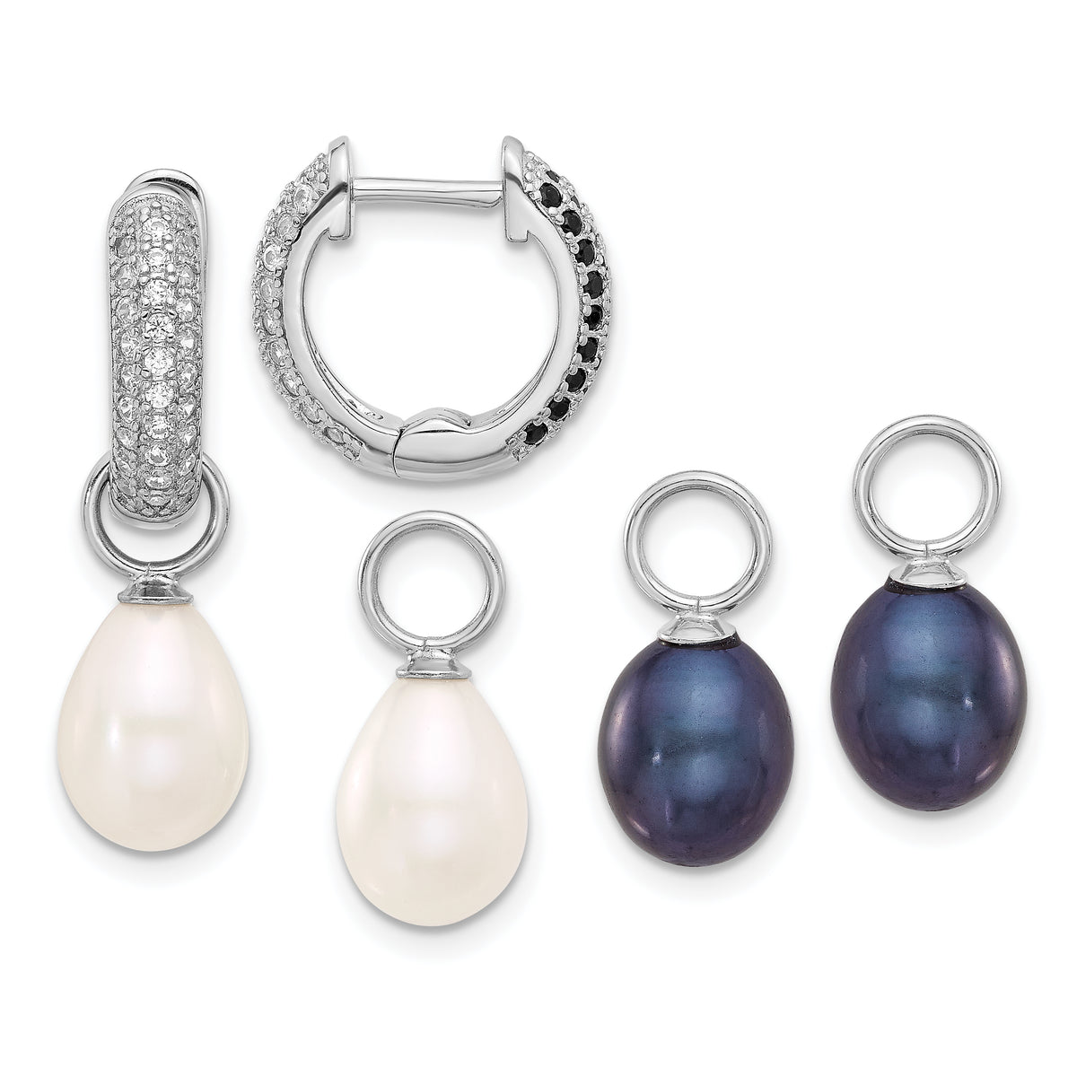 Sterling Silver RH-plated 7-8mm FWC Pearl/CZ Interchangeable Earrings Set