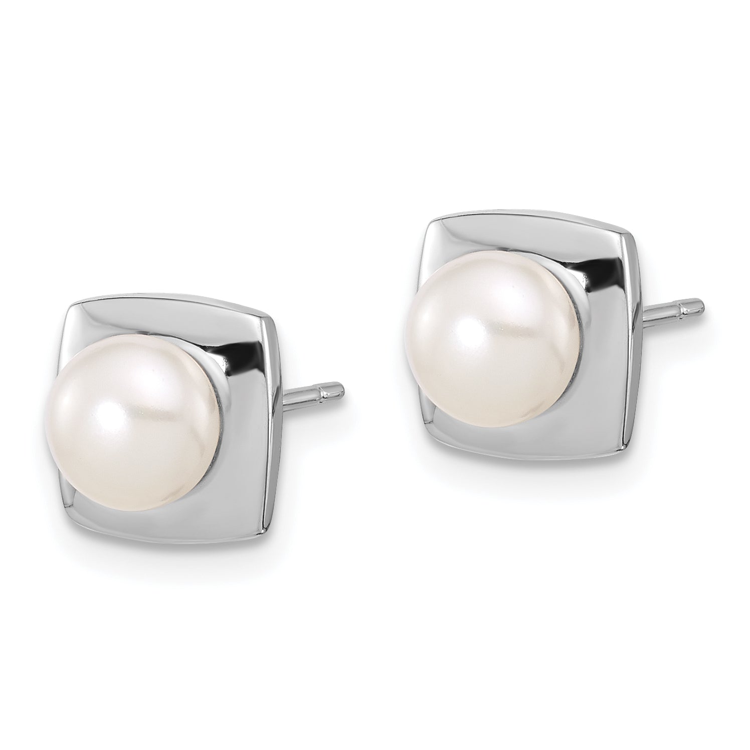 Sterling Silver RH-plated 6-7mm White FWC Pearl Square Post Earrings