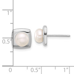 Sterling Silver RH-plated 6-7mm White FWC Pearl Square Post Earrings