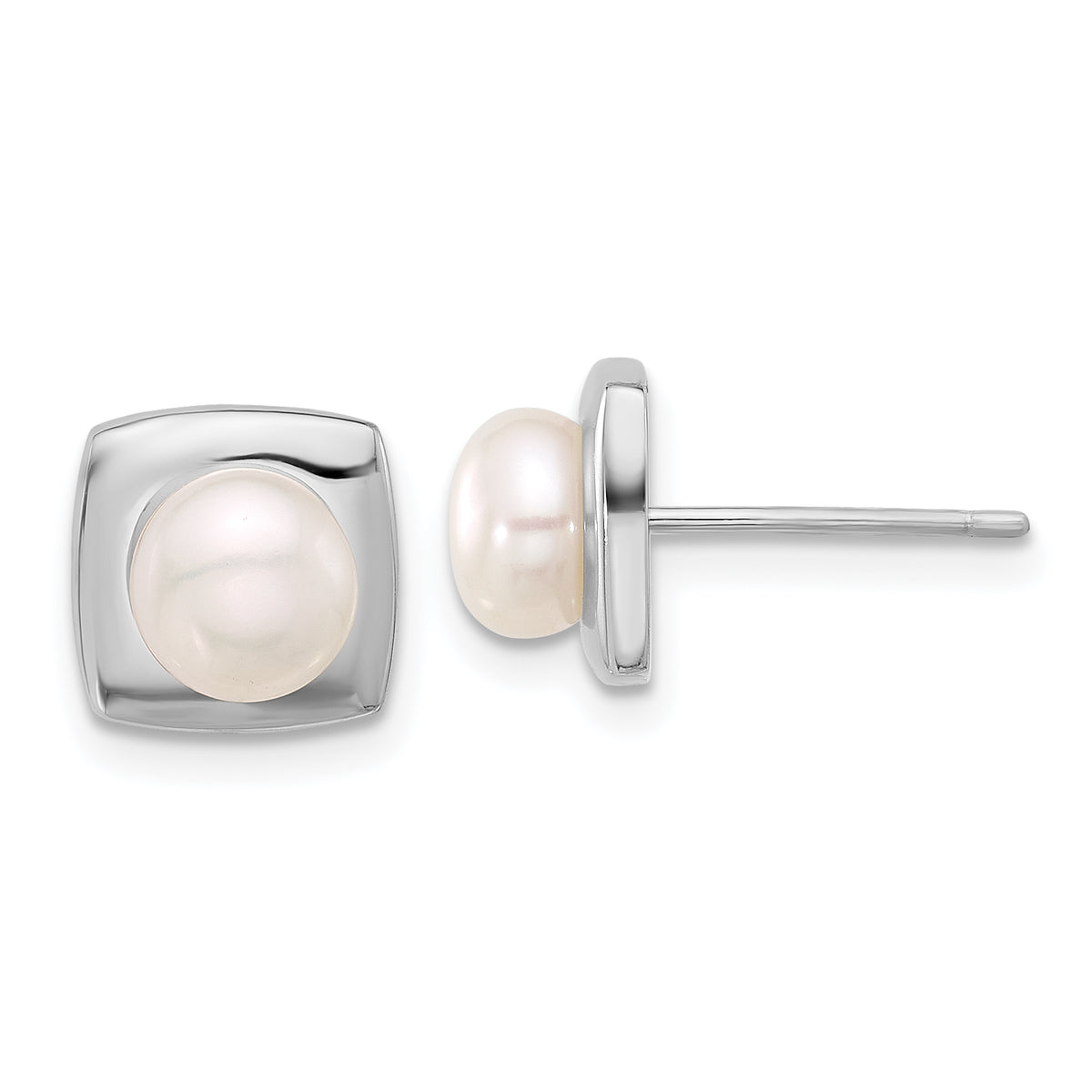 Sterling Silver RH-plated 6-7mm White FWC Pearl Square Post Earrings