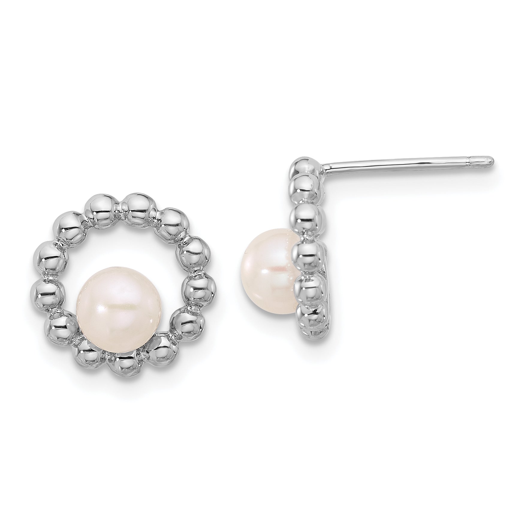 Sterling Silver Rhodium-plated 5-6mm Button White FWC Pearl Earrings