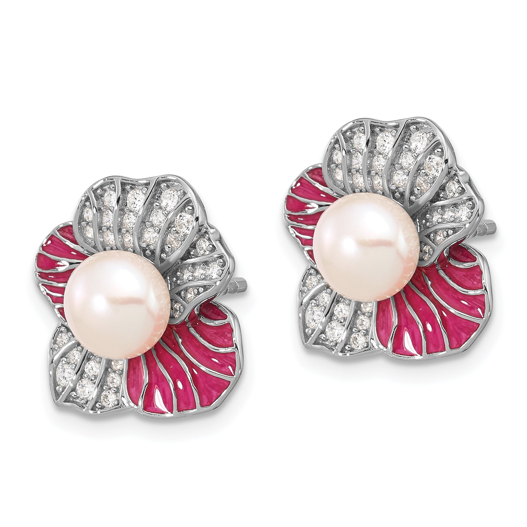 Sterling Silver RH-plated Pink Enamel 6-7mm FWC Pearl/CZ Flower Earrings