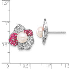 Sterling Silver RH-plated Pink Enamel 6-7mm FWC Pearl/CZ Flower Earrings