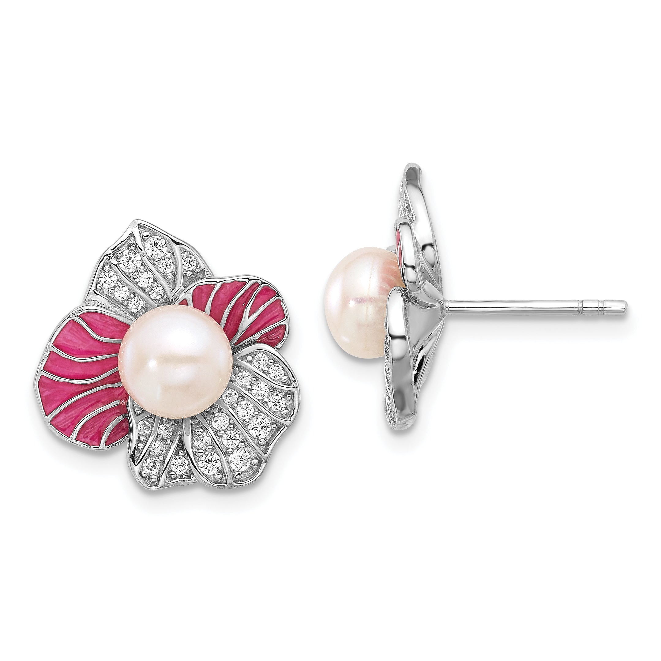 Sterling Silver RH-plated Pink Enamel 6-7mm FWC Pearl/CZ Flower Earrings