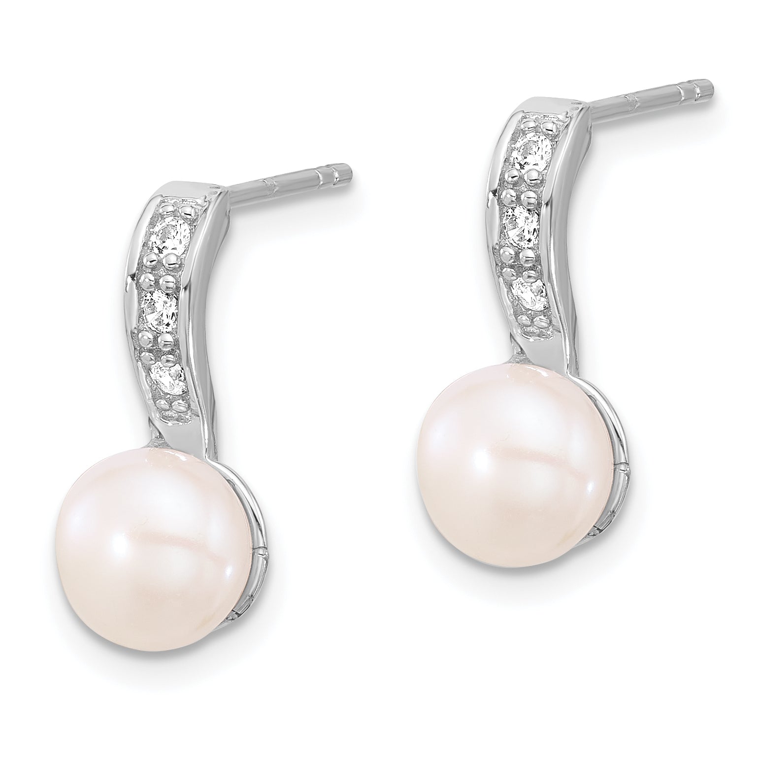 Sterling Silver Rhodium-plated 8-8.5mm Button FWC Pearl/CZ Post Earrings