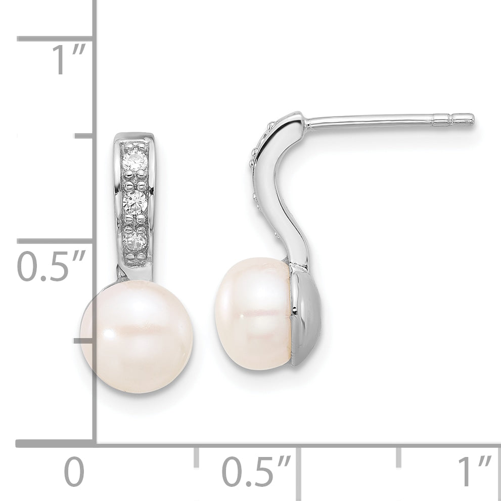 Sterling Silver Rhodium-plated 8-8.5mm Button FWC Pearl/CZ Post Earrings