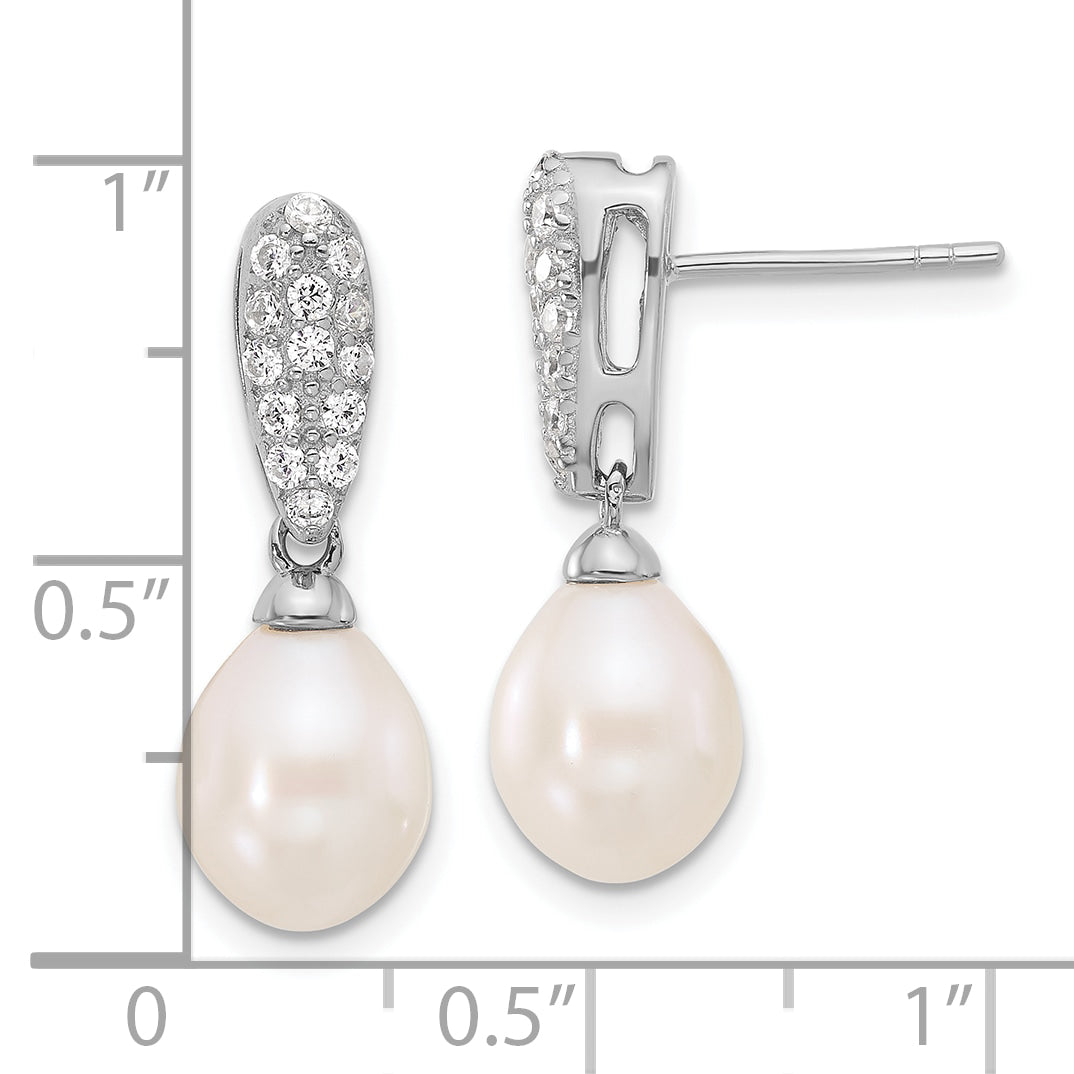 Sterling Silver RH-plated 8-9mm FWC Pearl and CZ Post Dangle Earrings