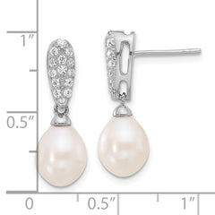 Sterling Silver RH-plated 8-9mm FWC Pearl and CZ Post Dangle Earrings