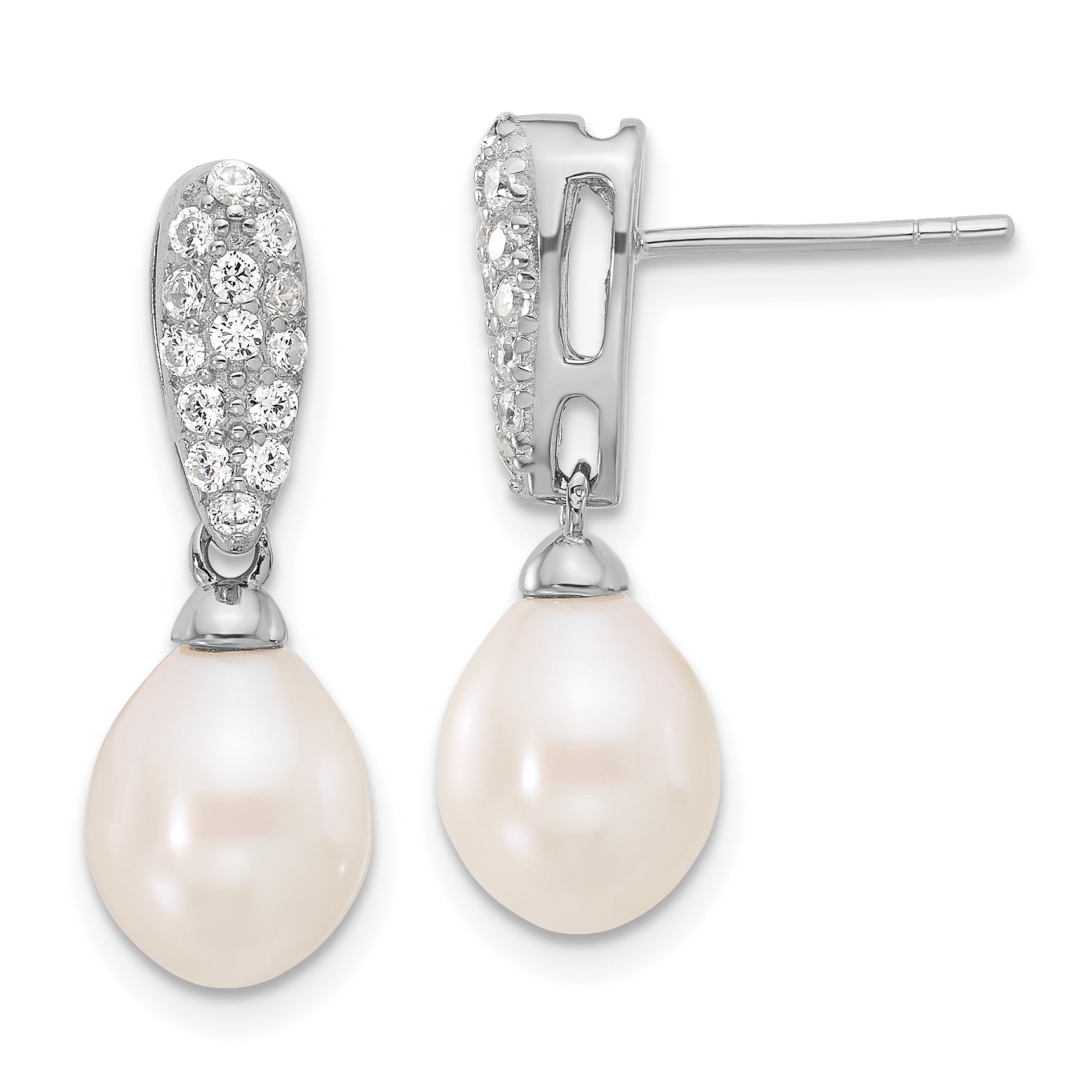 Sterling Silver RH-plated 8-9mm FWC Pearl and CZ Post Dangle Earrings