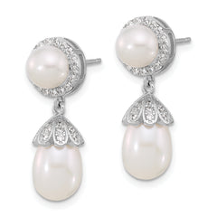 Sterling Silver RH-plated 6-8mm FWC Pearl/CZ Post Dangle Earrings