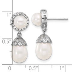 Sterling Silver RH-plated 6-8mm FWC Pearl/CZ Post Dangle Earrings