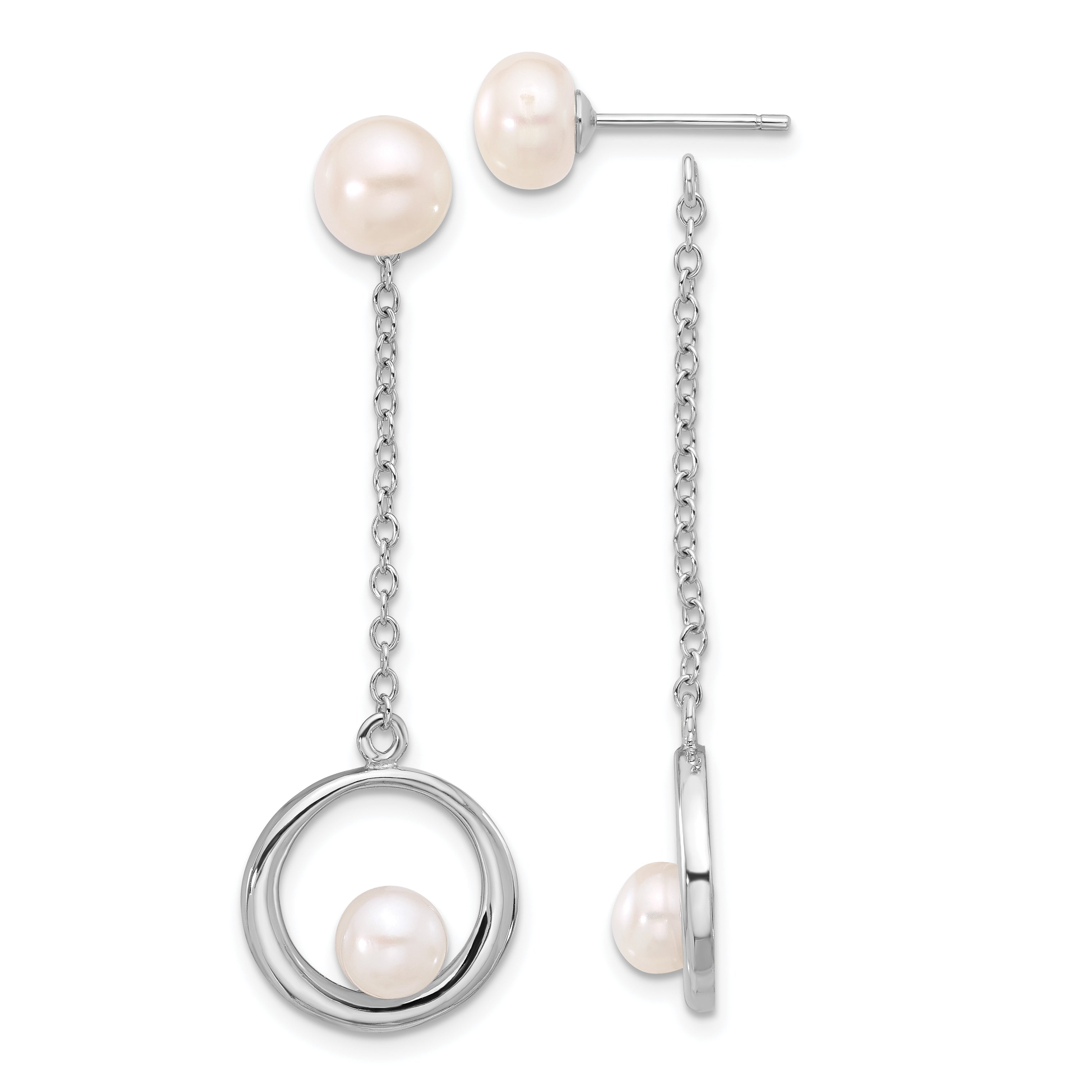 Sterling Silver Rhodium-plated 5-7mm FWC Pearl Post Dangle Earrings