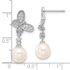 Sterling Silver RH-plated 7-8mm FWC Pearl/CZ Butterfly Dangle Earrings