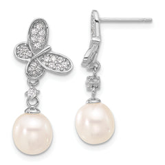 Sterling Silver RH-plated 7-8mm FWC Pearl/CZ Butterfly Dangle Earrings