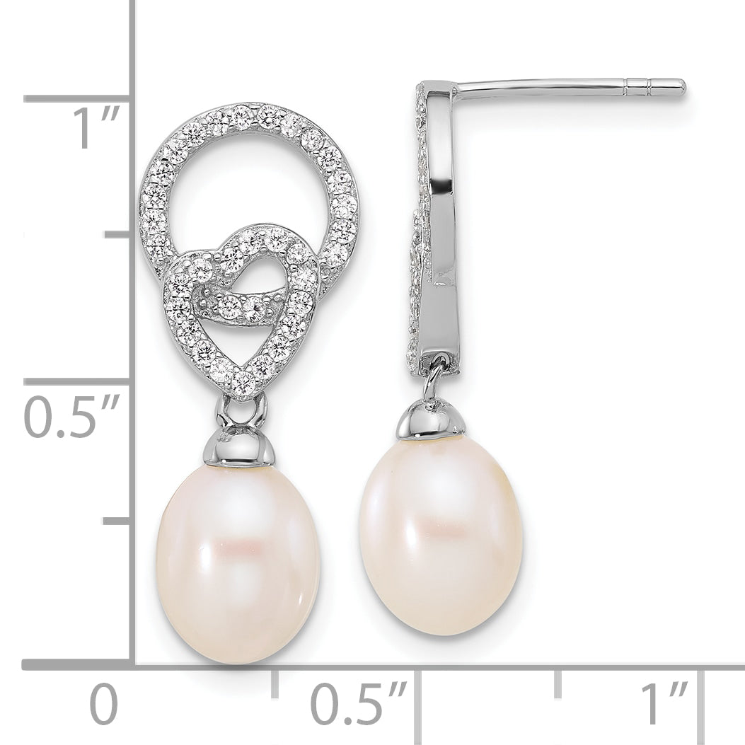 Sterling Silver RH-plated 7-8mm FWC Pearl/CZ Heart Post Dangle Earrings