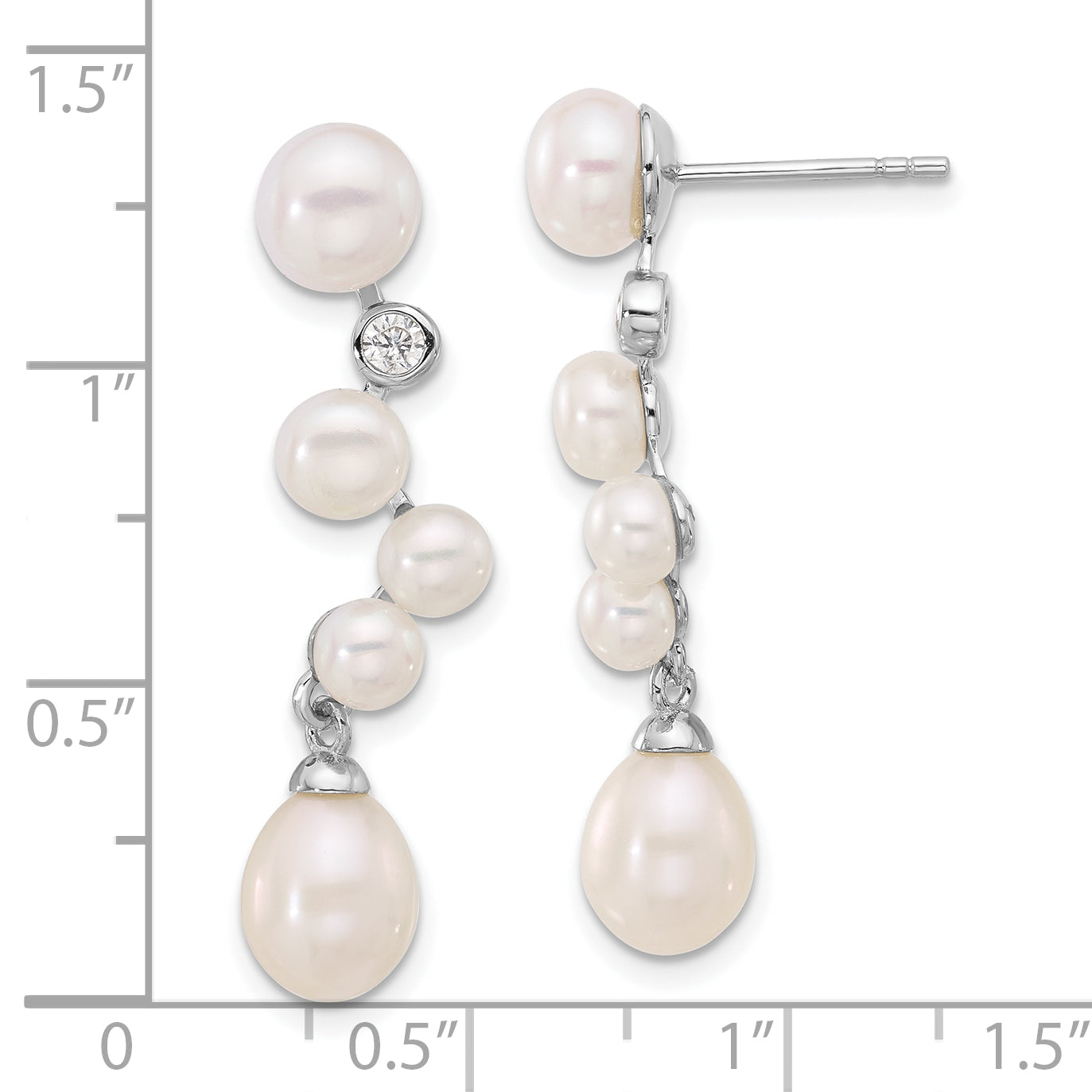 Sterling Silver Rhodium-plated FWC Pearl/CZ Post Dangle Earrings