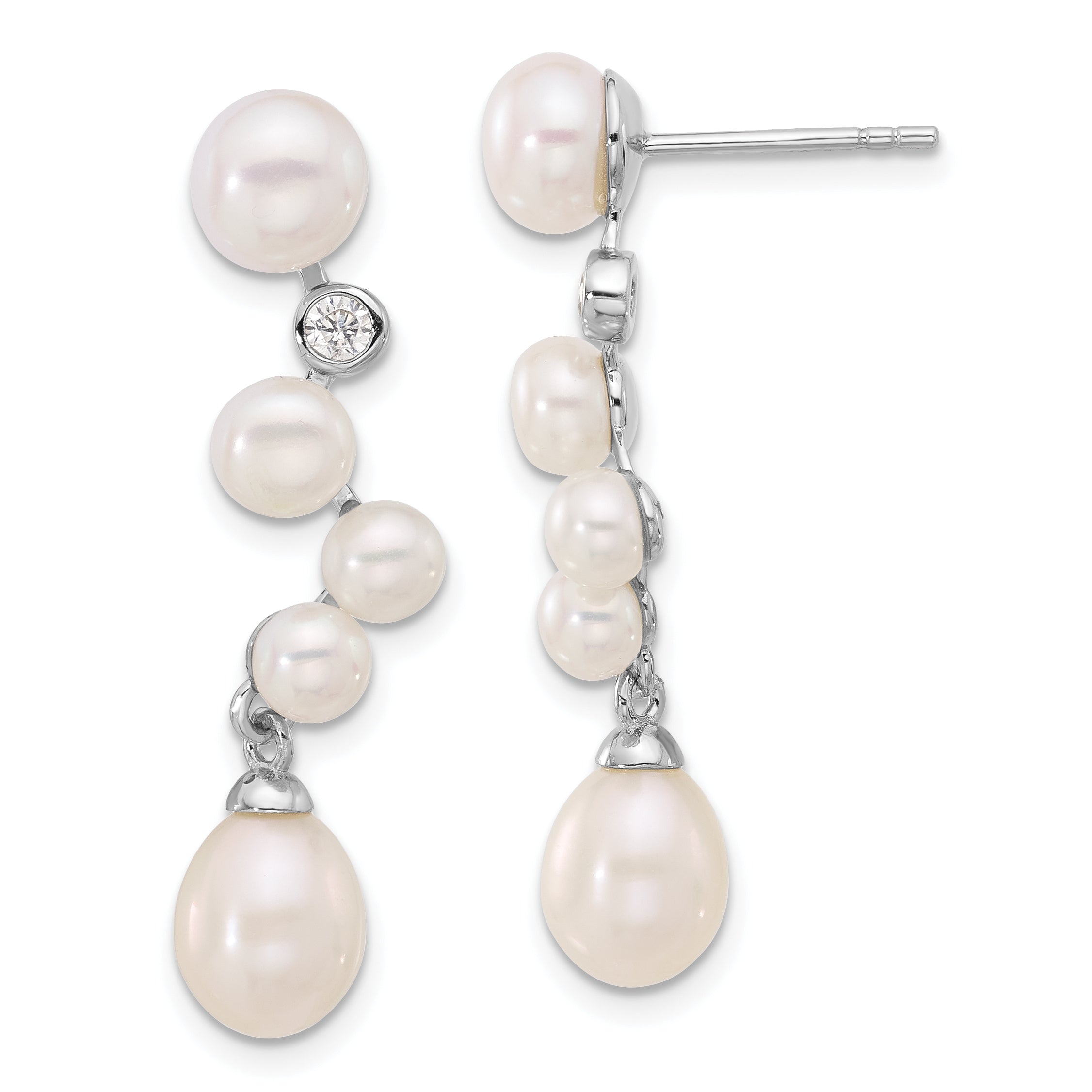 Sterling Silver Rhodium-plated FWC Pearl/CZ Post Dangle Earrings