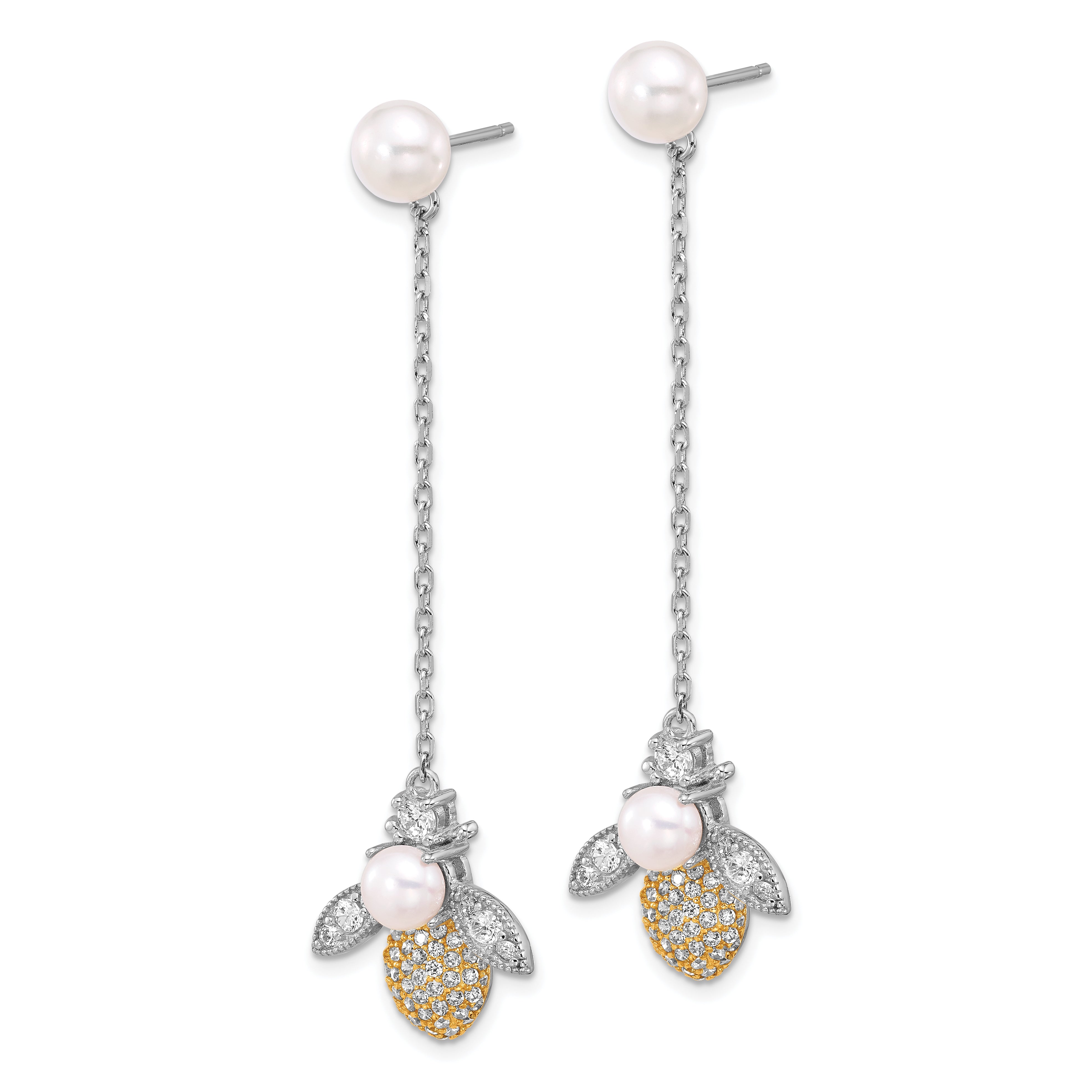 Sterling Silver RH/Flash Gold-plated FWC Pearl/CZ Bee Dangle Earrings