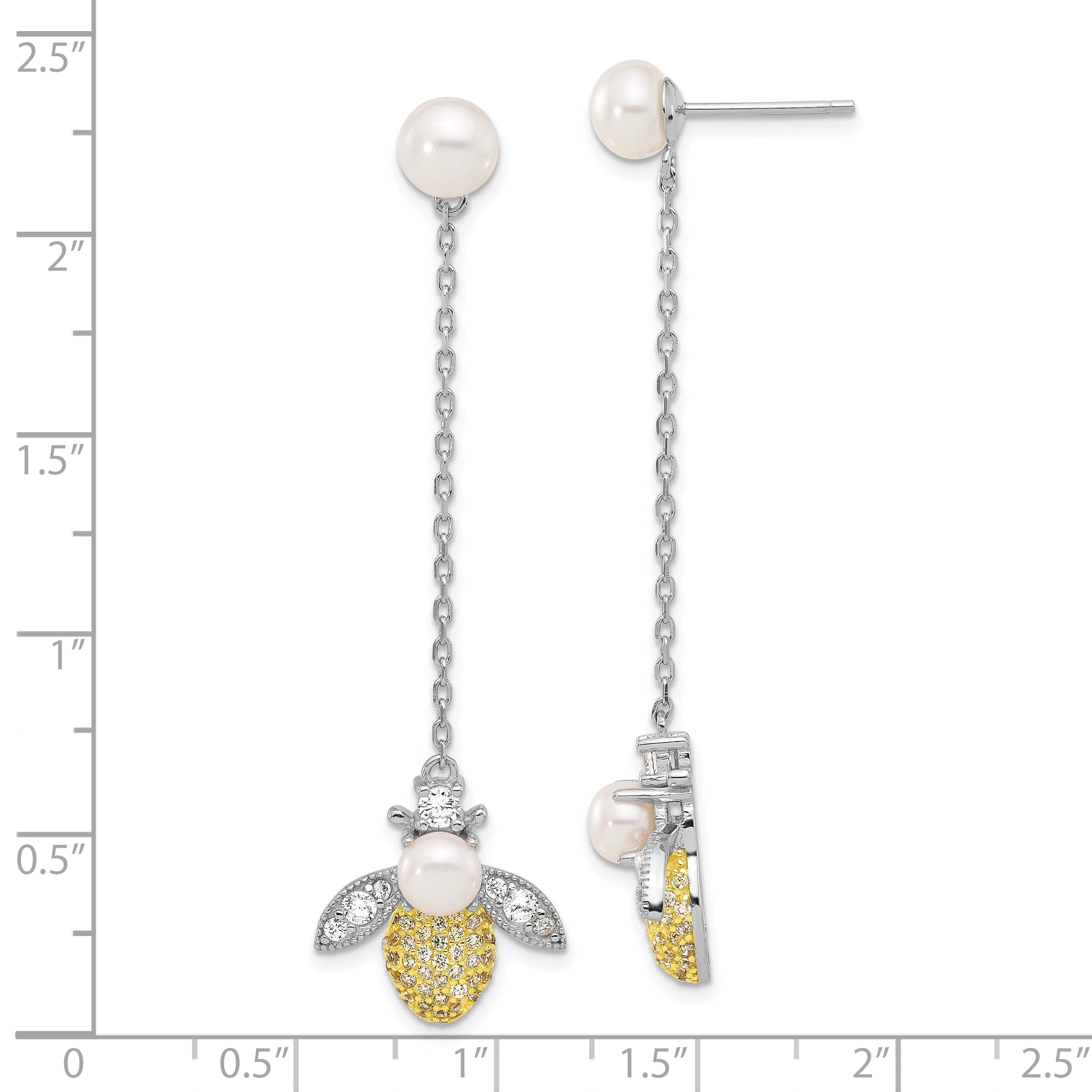 Sterling Silver RH/Flash Gold-plated FWC Pearl/CZ Bee Dangle Earrings