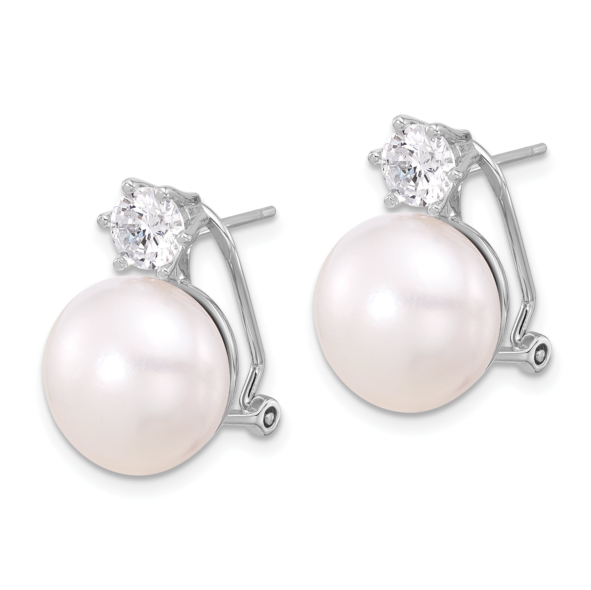 Sterling Silver RH-plated 12-13mm FWC Pearl and CZ Omega Back Earrings