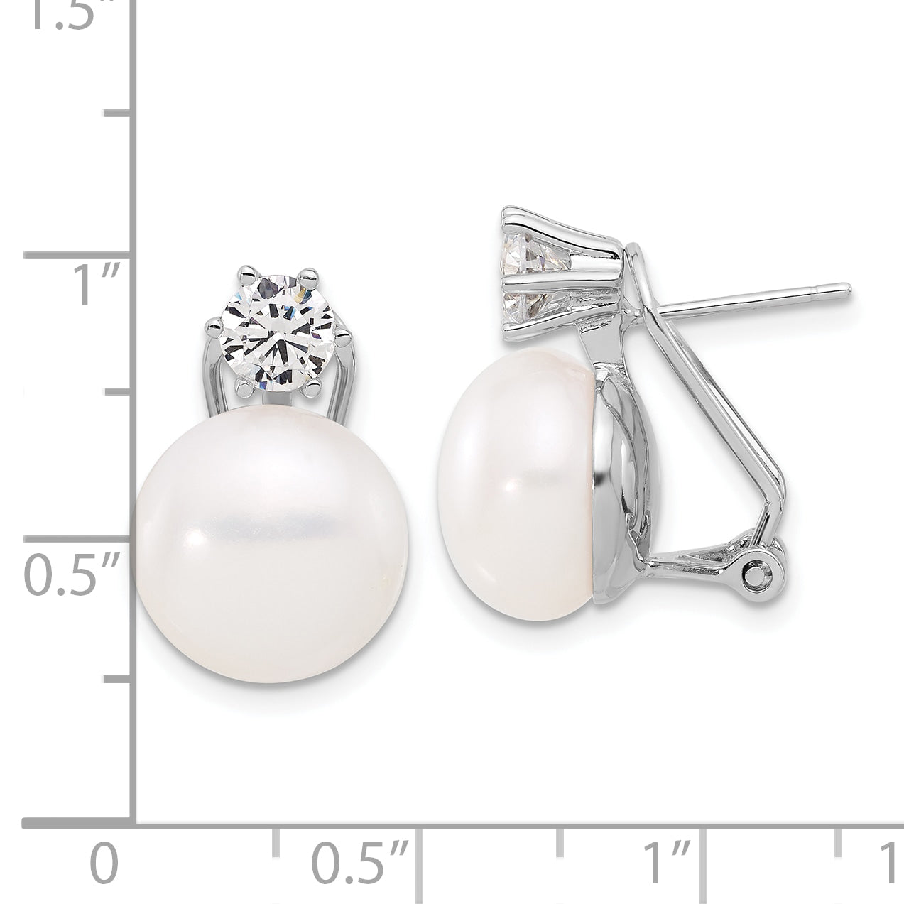 Sterling Silver RH-plated 12-13mm FWC Pearl and CZ Omega Back Earrings