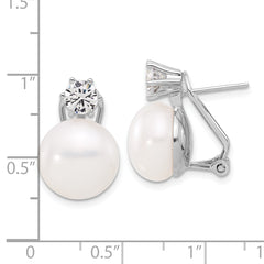 Sterling Silver RH-plated 12-13mm FWC Pearl and CZ Omega Back Earrings