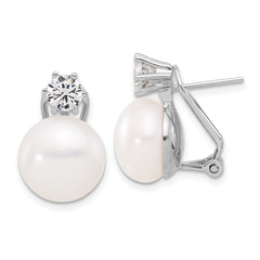 Sterling Silver RH-plated 12-13mm FWC Pearl and CZ Omega Back Earrings