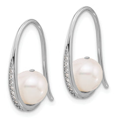 Sterling Silver RH-plated 8-8.5mm FWC Pearl/CZ Shepherd Hook Earrings