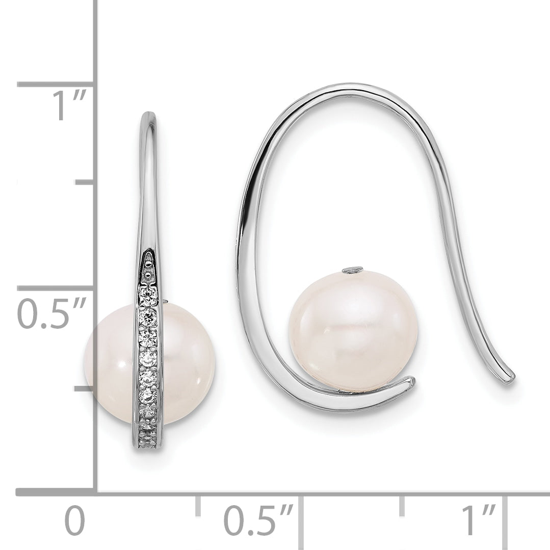 Sterling Silver RH-plated 8-8.5mm FWC Pearl/CZ Shepherd Hook Earrings