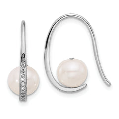 Sterling Silver RH-plated 8-8.5mm FWC Pearl/CZ Shepherd Hook Earrings