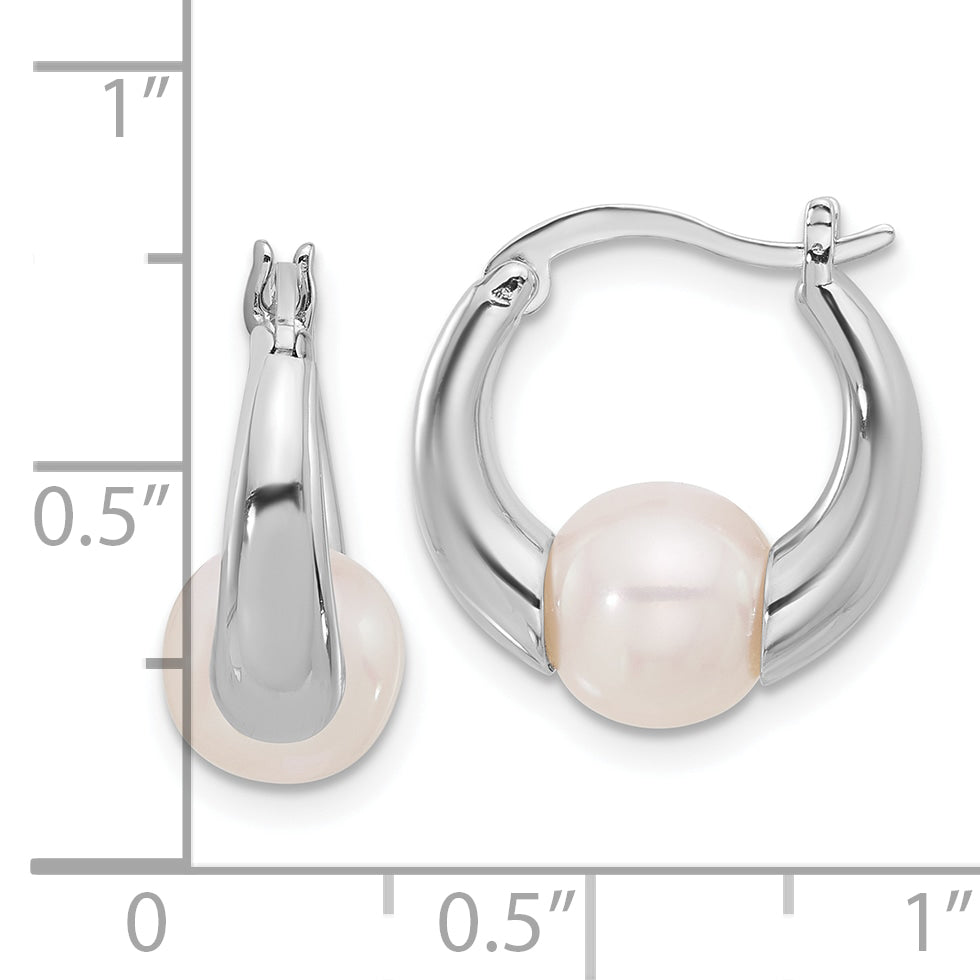 Sterling Silver Rhodium-plated 7.5-8mm FWC Pearl Hoop Earrings