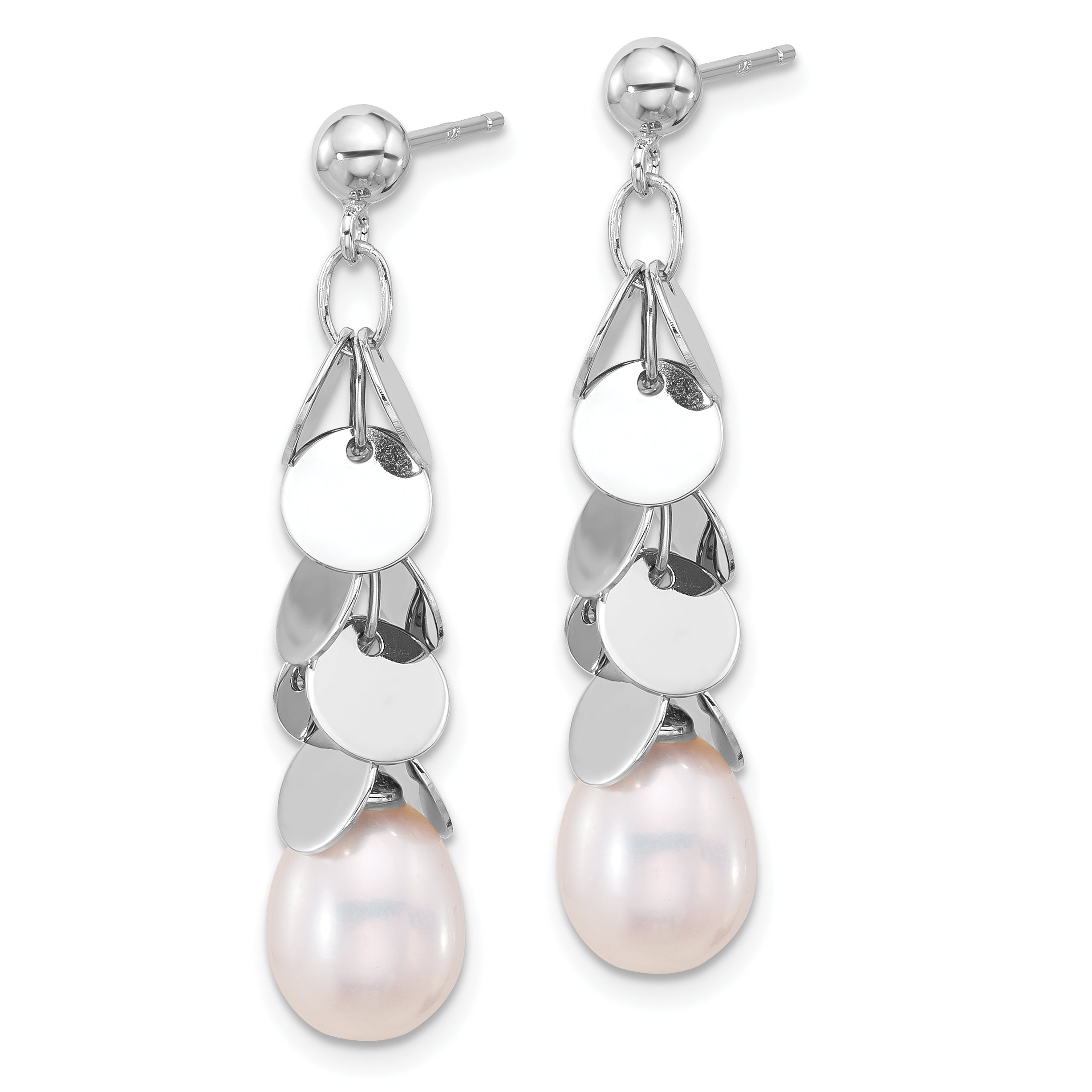 Sterling Silver RH-plated 7-8mm Teardrop FWC Pearl Post Dangle Earrings