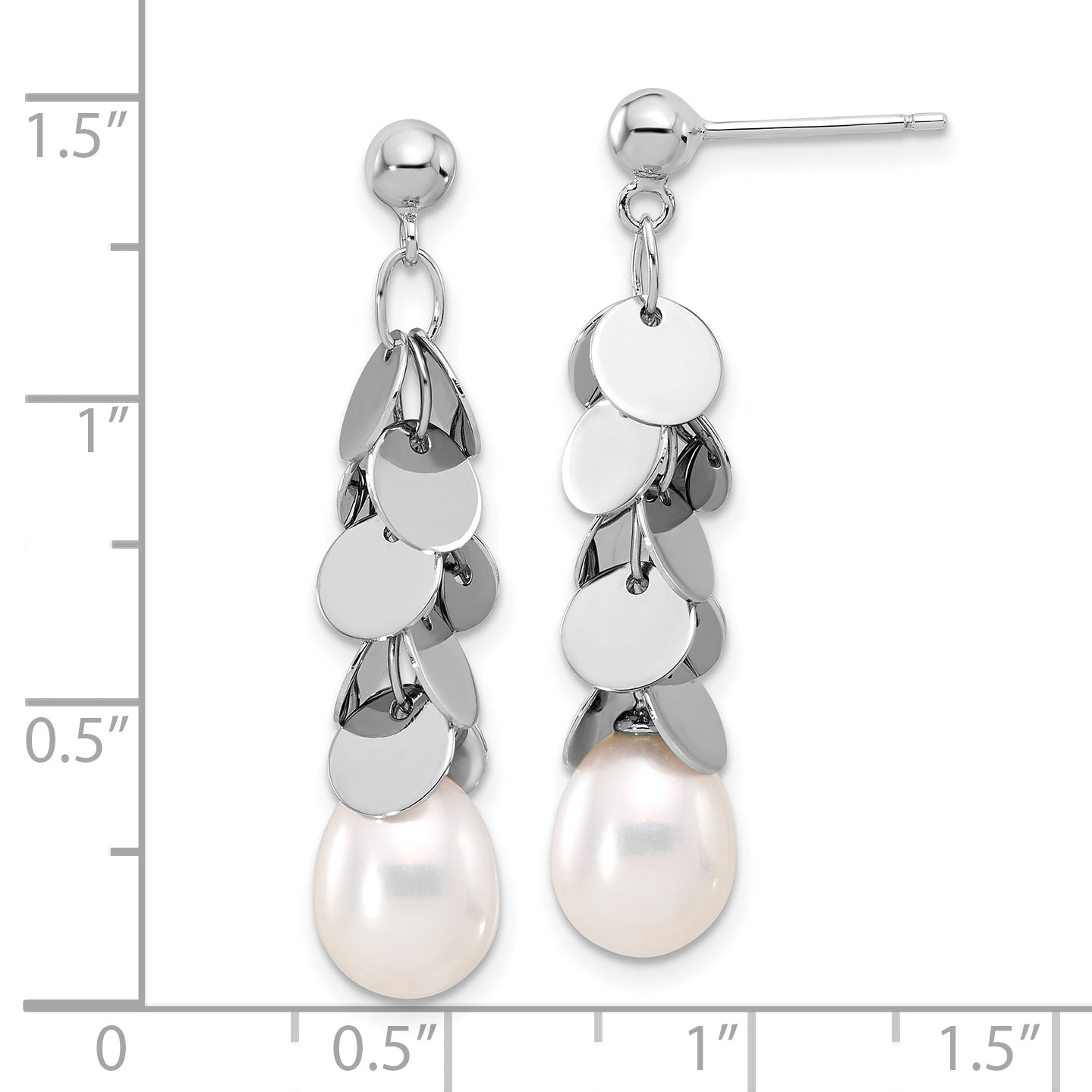 Sterling Silver RH-plated 7-8mm Teardrop FWC Pearl Post Dangle Earrings