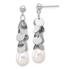 Sterling Silver RH-plated 7-8mm Teardrop FWC Pearl Post Dangle Earrings