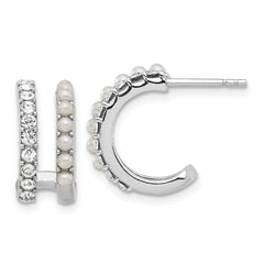 Sterling Silver RH-plated FWC Pearl and Crystal Double Post Hoop Earrings