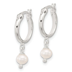 Sterling Silver Polished FWC Pearl Dangle Round Hoop Earrings