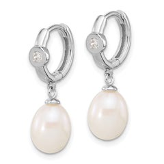 Sterling Silver RH-pltd 7-8mm Teardrop FWC Pearl CZ Round Hoop Earrings