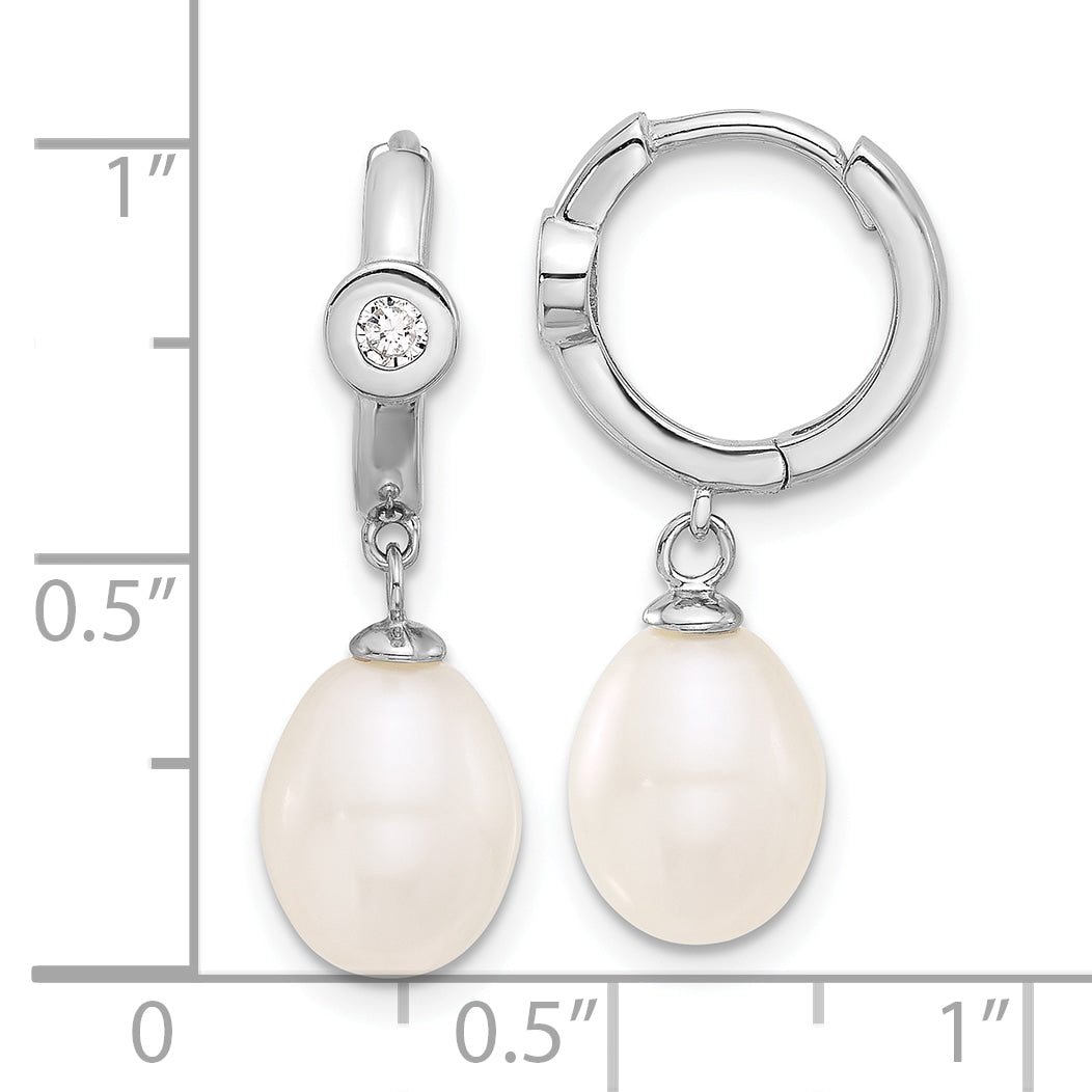 Sterling Silver RH-pltd 7-8mm Teardrop FWC Pearl CZ Round Hoop Earrings