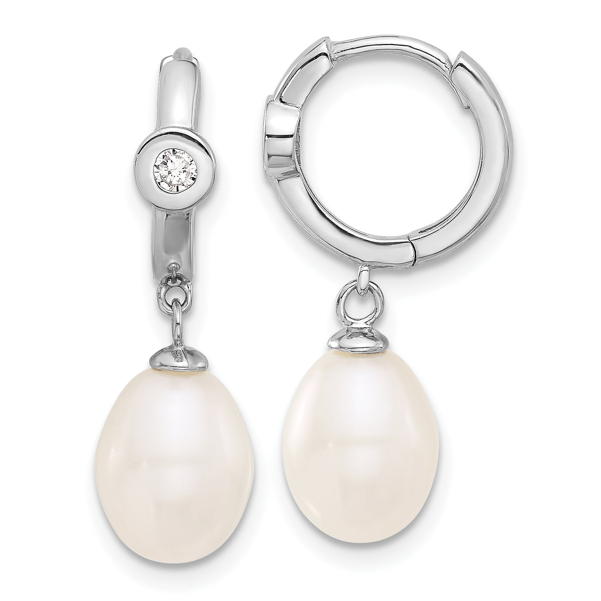 Sterling Silver RH-pltd 7-8mm Teardrop FWC Pearl CZ Round Hoop Earrings