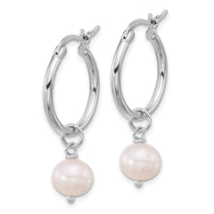 Sterling Silver RH-plated Polished FWC Pearl Dangle Round Hoop Earrings