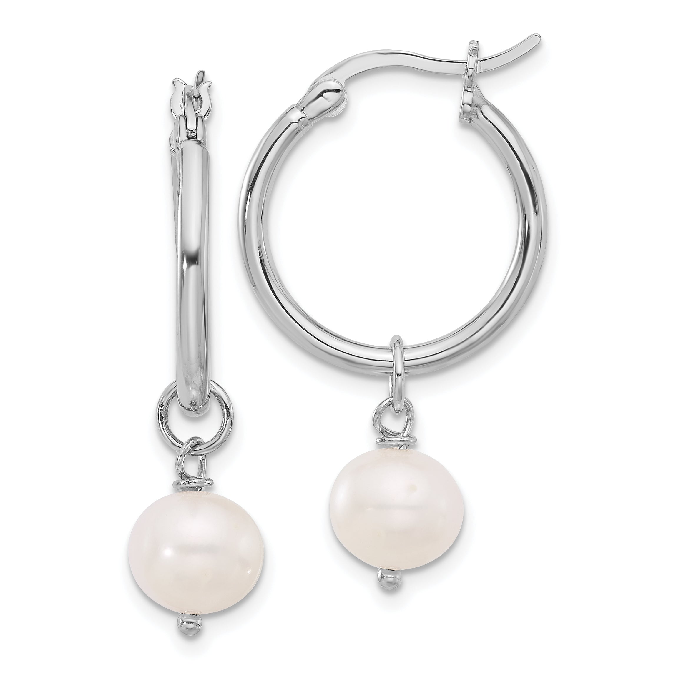 Sterling Silver RH-plated Polished FWC Pearl Dangle Round Hoop Earrings