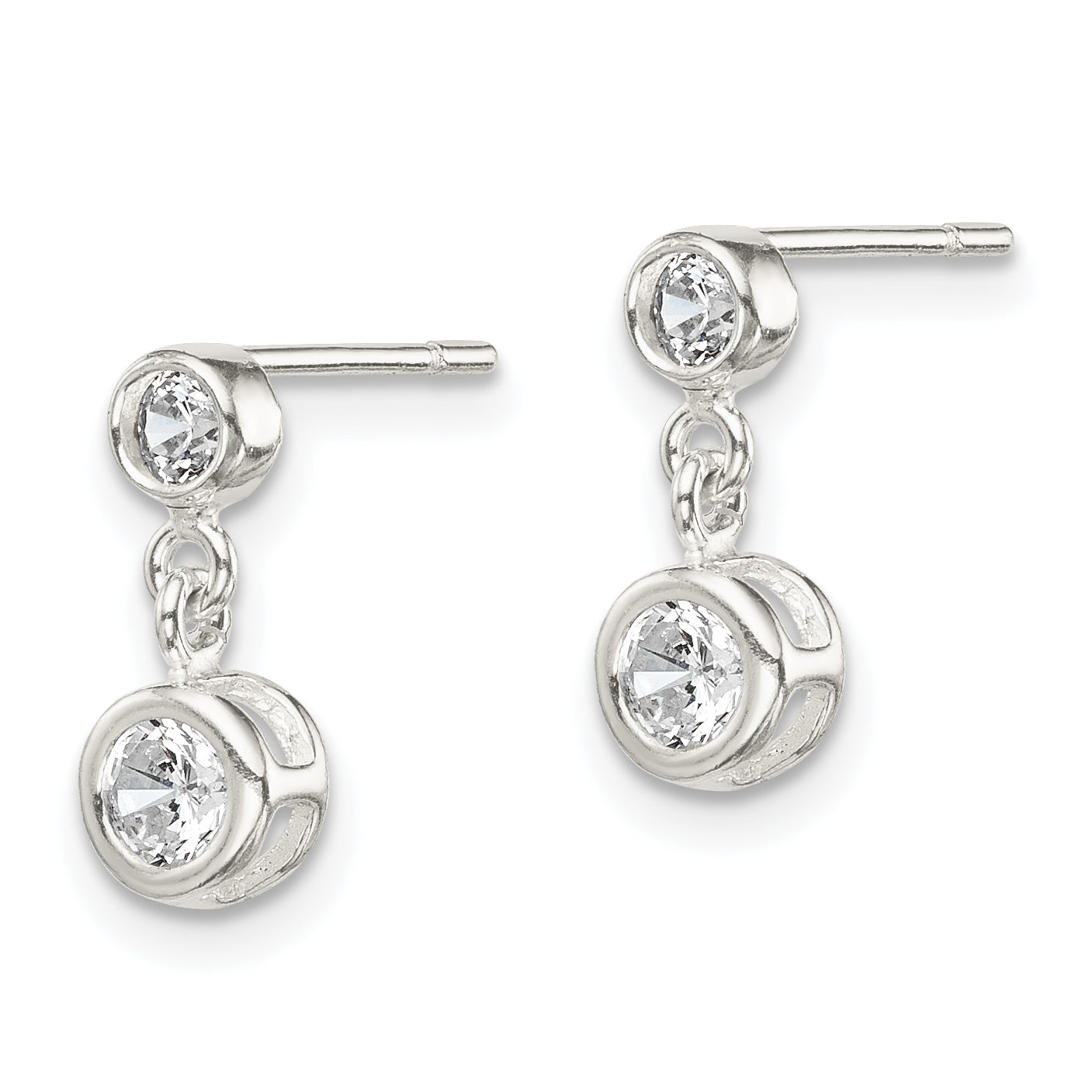 Sterling Silver Polished Round CZ Bezel Set Post Dangle Earrings