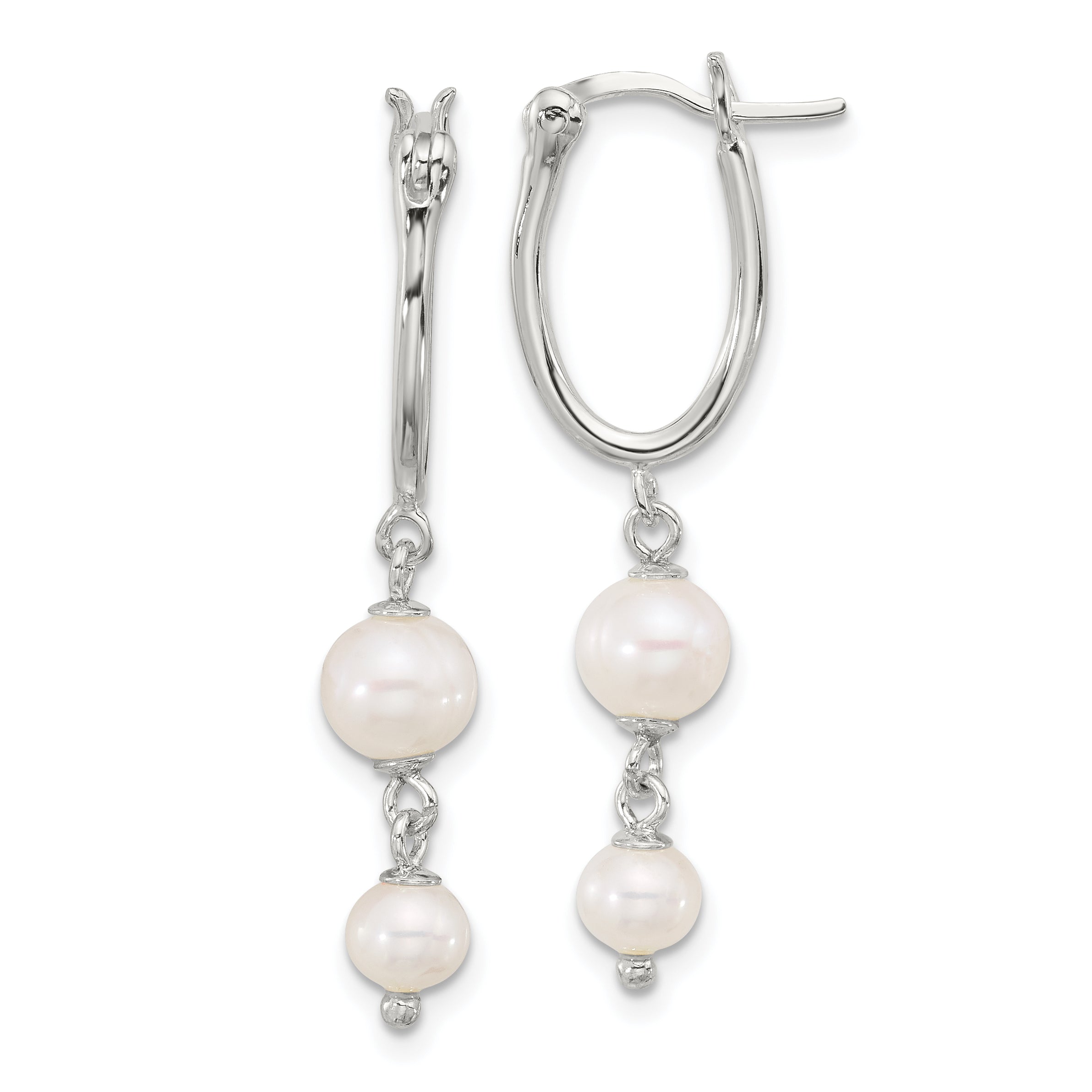 Sterling Silver Polished Double FWC Pearl Dangle Oval Hoop Earrings