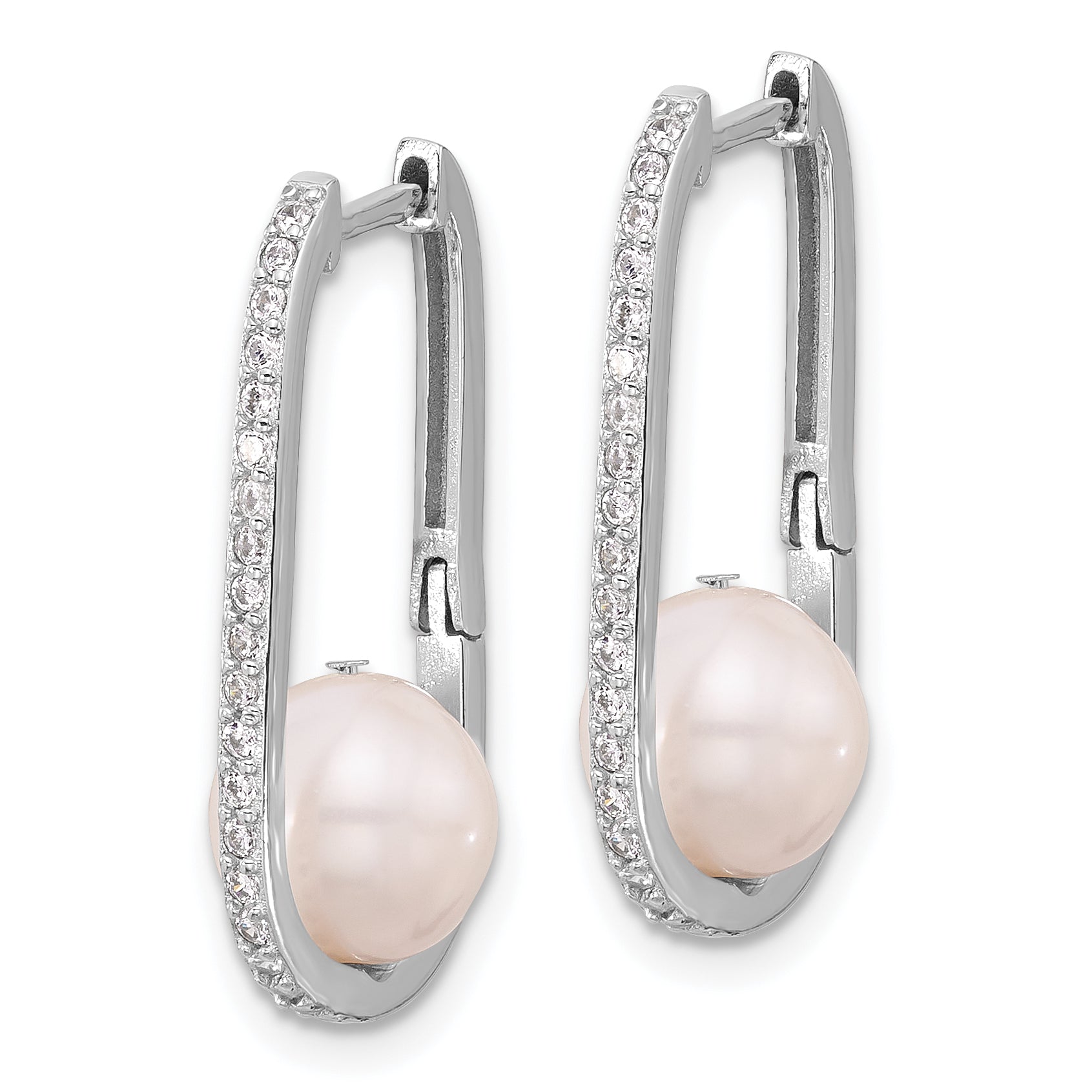 Sterling Silver RH-plated 8-8.5mm FWC Pearl and CZ Oval Hoop Earrings