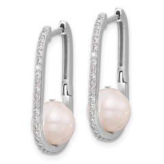 Sterling Silver RH-plated 8-8.5mm FWC Pearl and CZ Oval Hoop Earrings