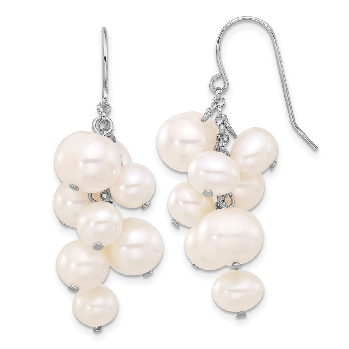 Sterling Silver Rhodium-plated 6-10mm White FWC Pearl Dangle Earrings